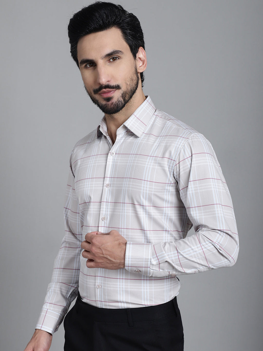 Indian Needle Men's Checked Formal Shirt - Cream | Grocsy