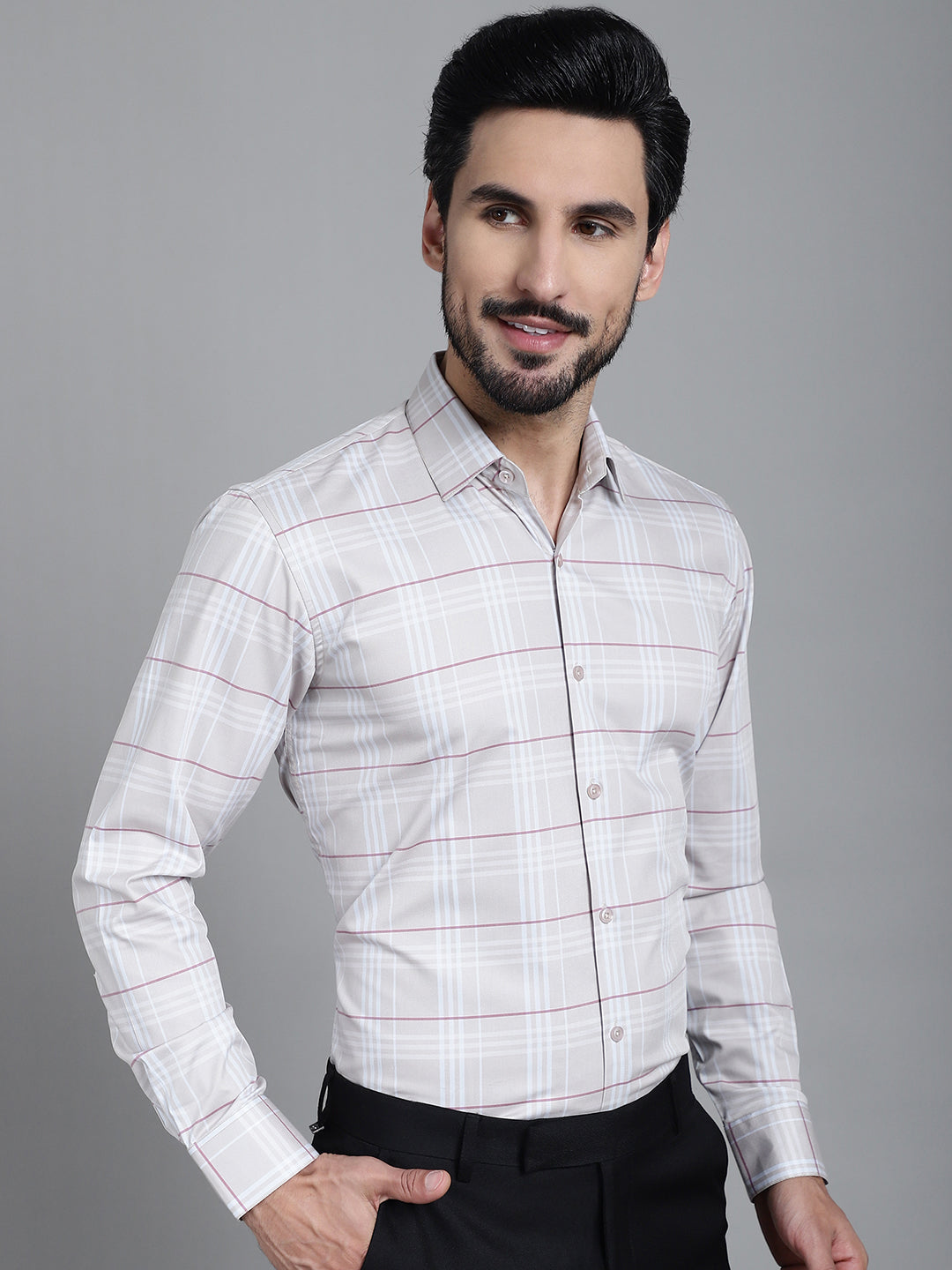Indian Needle Men's Checked Formal Shirt - Cream | Grocsy