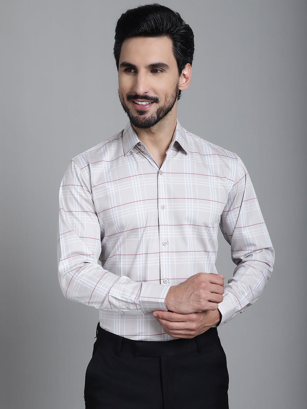 Indian Needle Men's Checked Formal Shirt - Cream | Grocsy