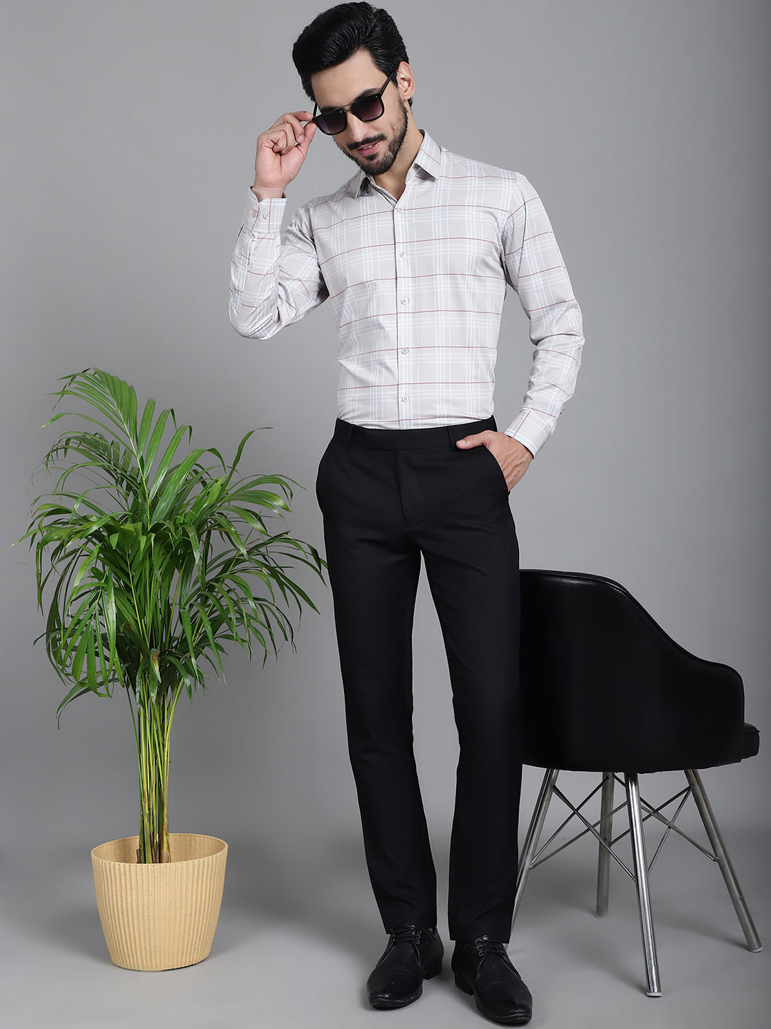 Indian Needle Men's Checked Formal Shirt - Cream | Grocsy