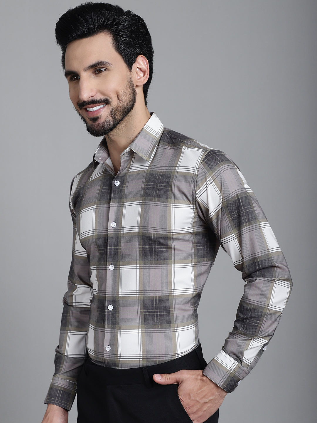 Indian Needle Men's Checked Formal Shirt - Brown | Grocsy