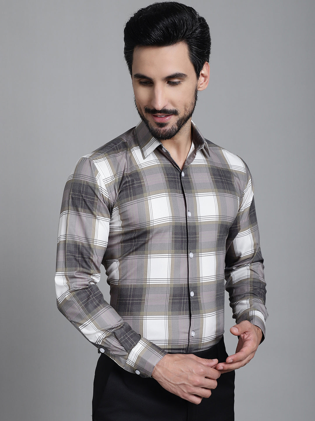 Indian Needle Men's Checked Formal Shirt - Brown | Grocsy