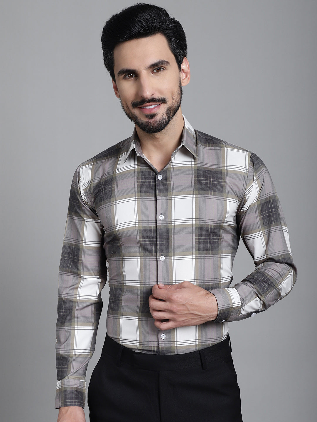 Indian Needle Men's Checked Formal Shirt - Brown | Grocsy