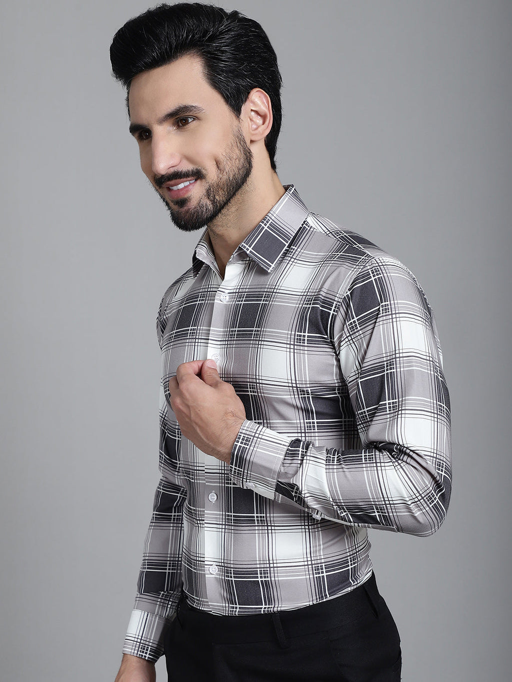 Indian Needle Men's Checked Formal Shirt - Grey | Grocsy