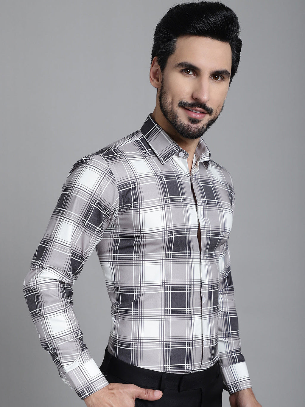 Indian Needle Men's Checked Formal Shirt - Grey | Grocsy