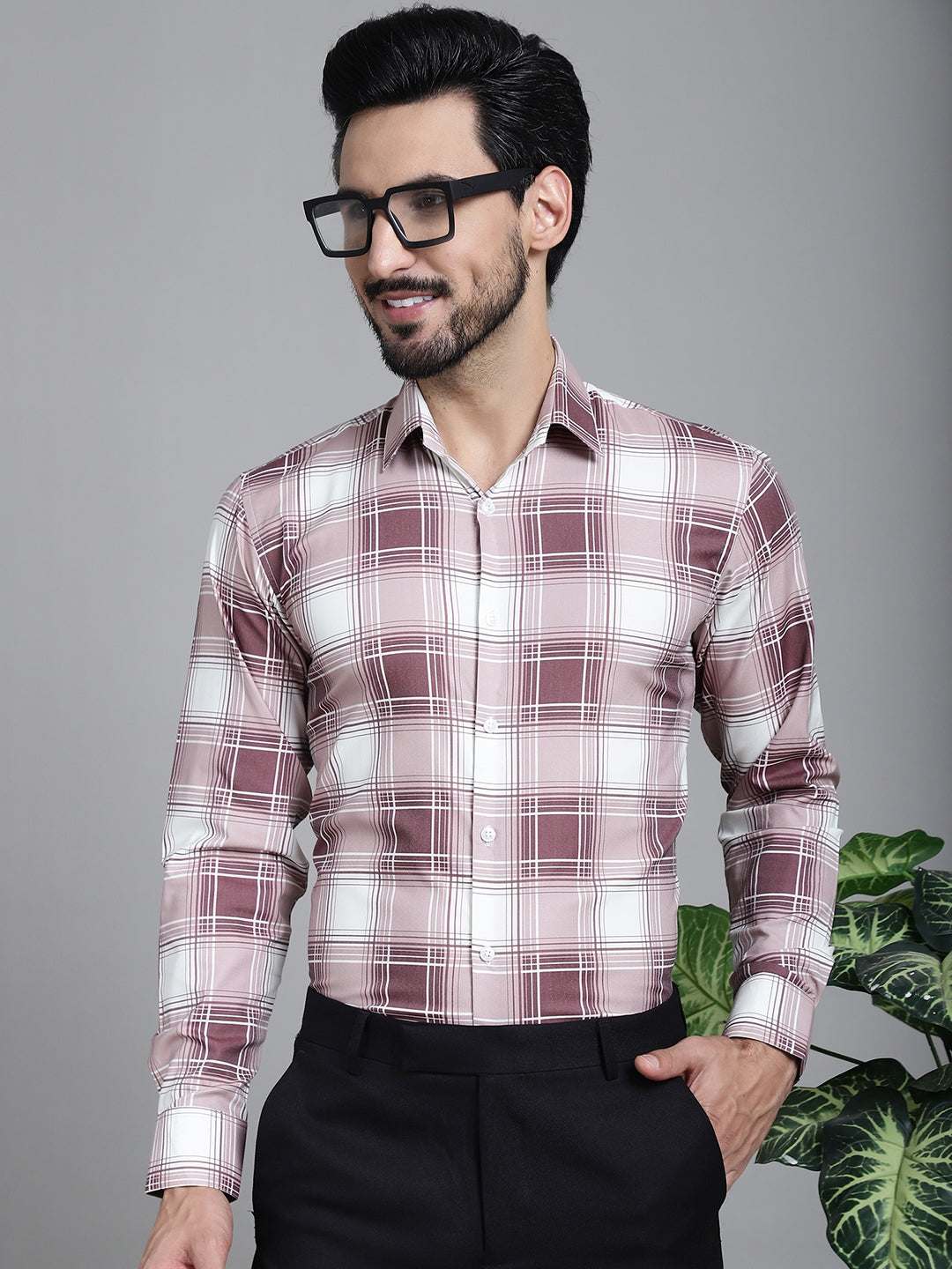 Indian Needle Men's Checked Formal Shirt - Maroon | Grocsy