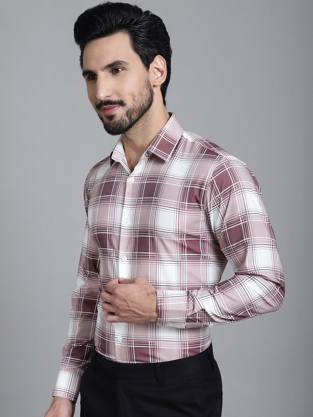 Indian Needle Men's Checked Formal Shirt - Maroon | Grocsy