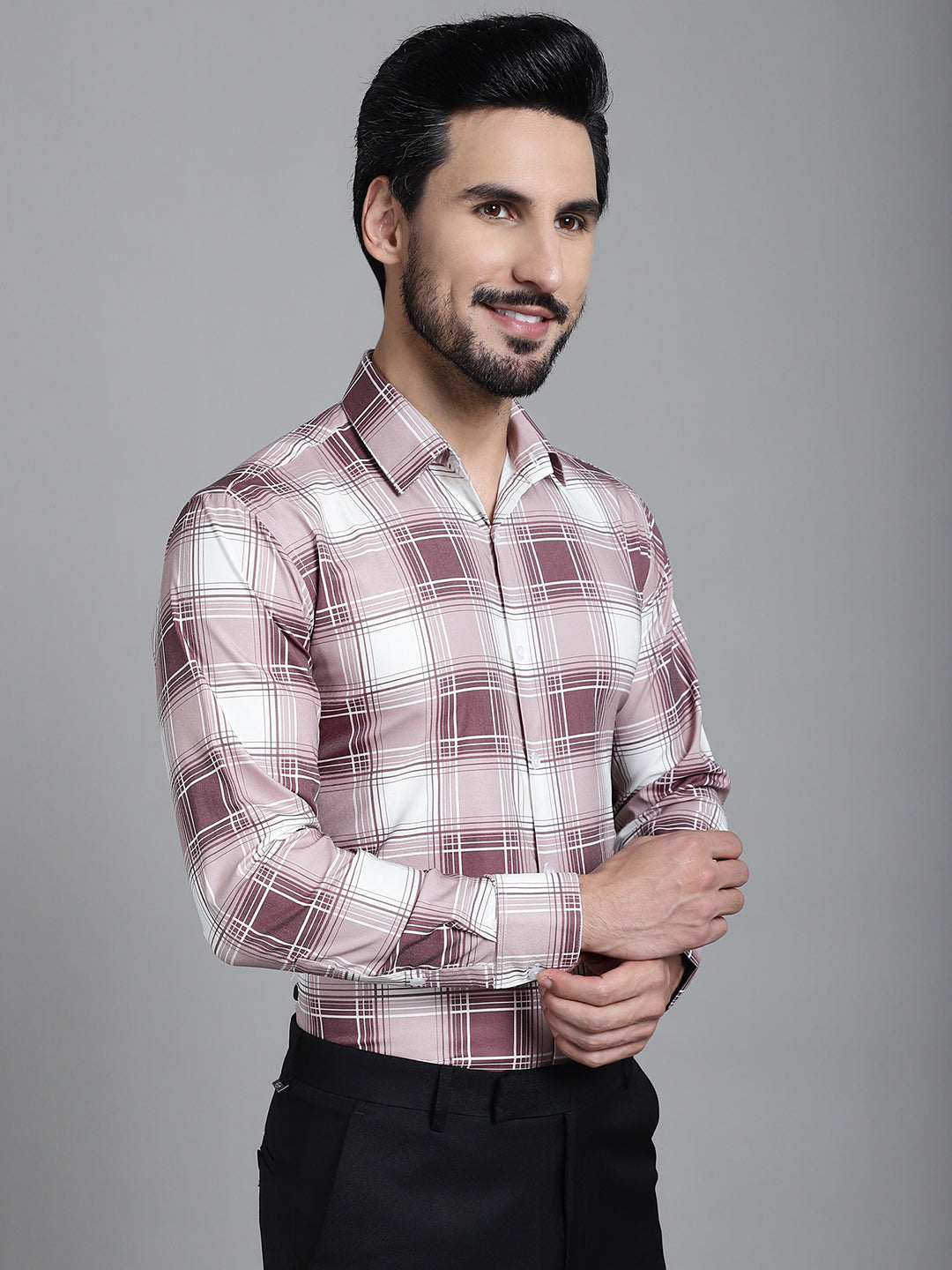 Indian Needle Men's Checked Formal Shirt - Maroon | Grocsy