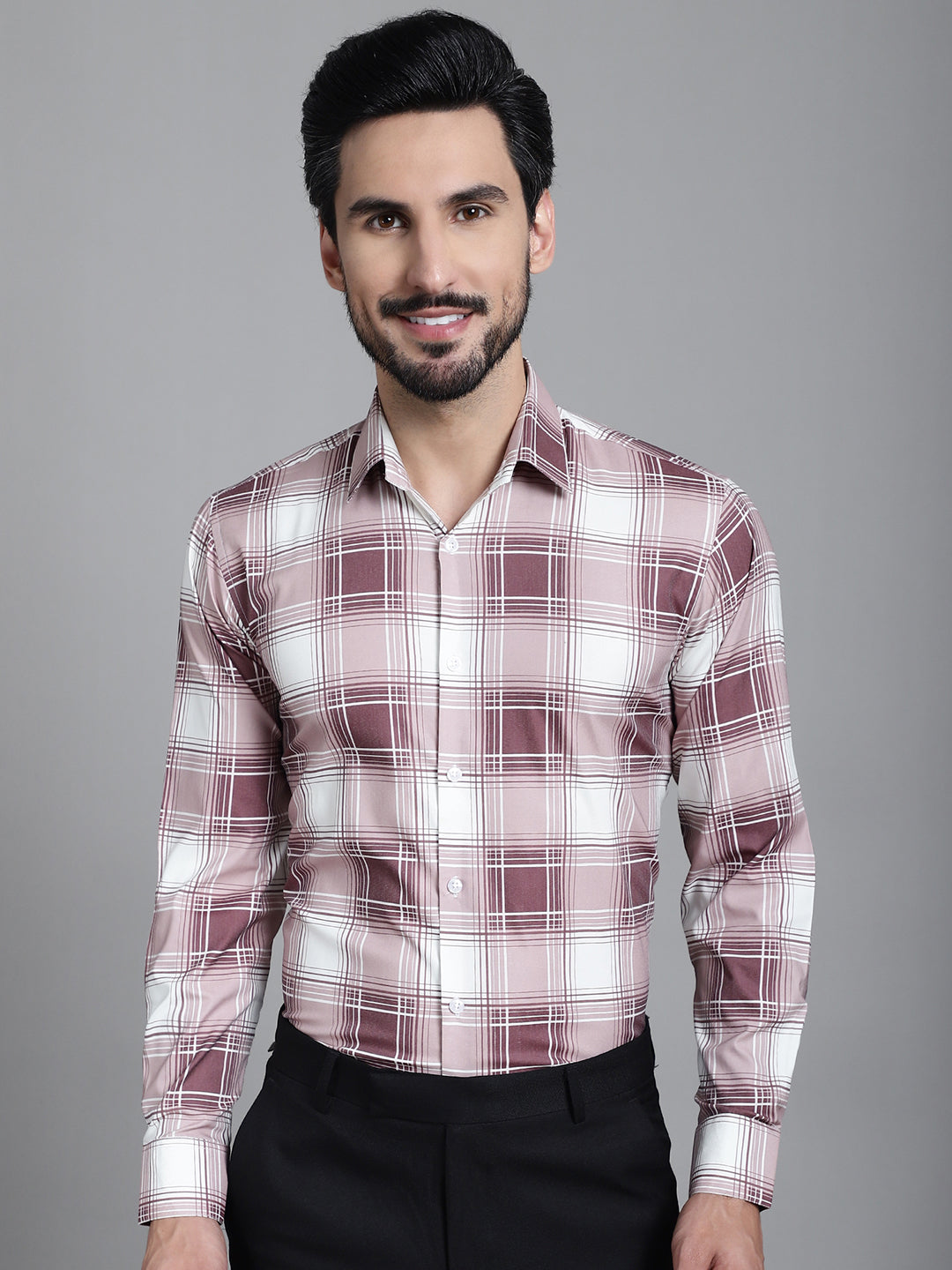Indian Needle Men's Checked Formal Shirt - Maroon | Grocsy