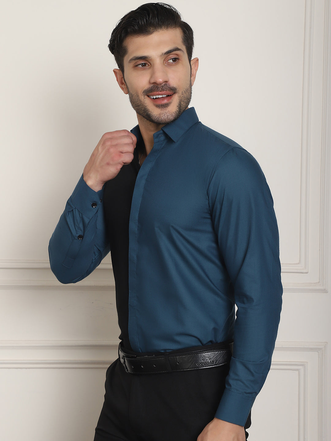 Indian Needle Men's Premium Cotton Satin Formal Shirt - Peacock | Grocsy