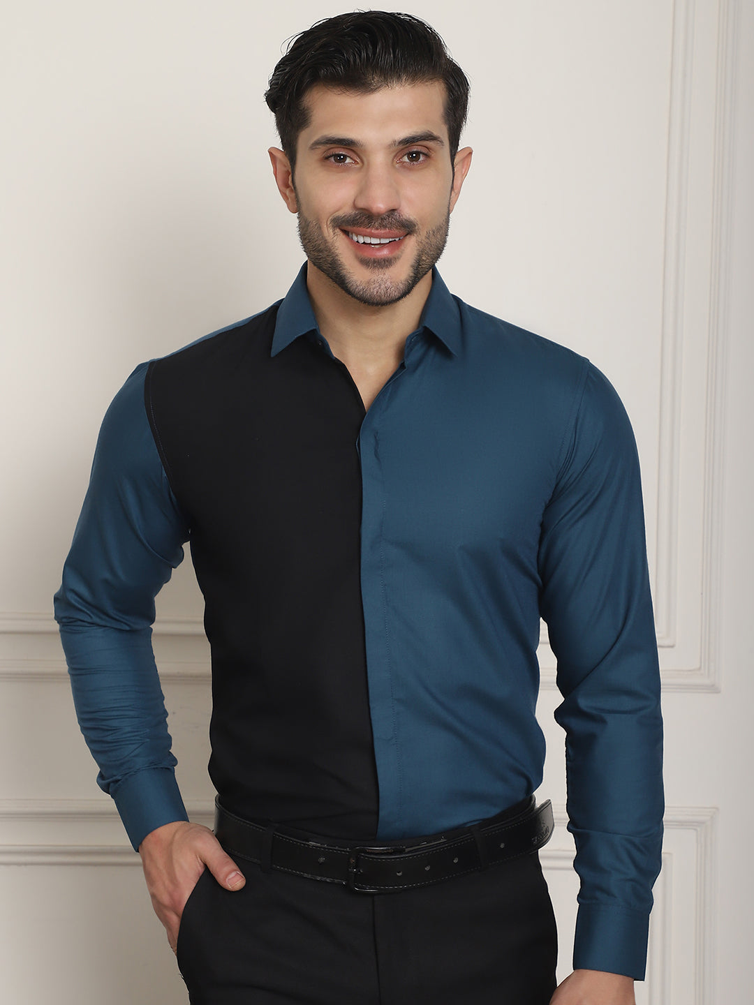 Indian Needle Men's Premium Cotton Satin Formal Shirt - Peacock | Grocsy