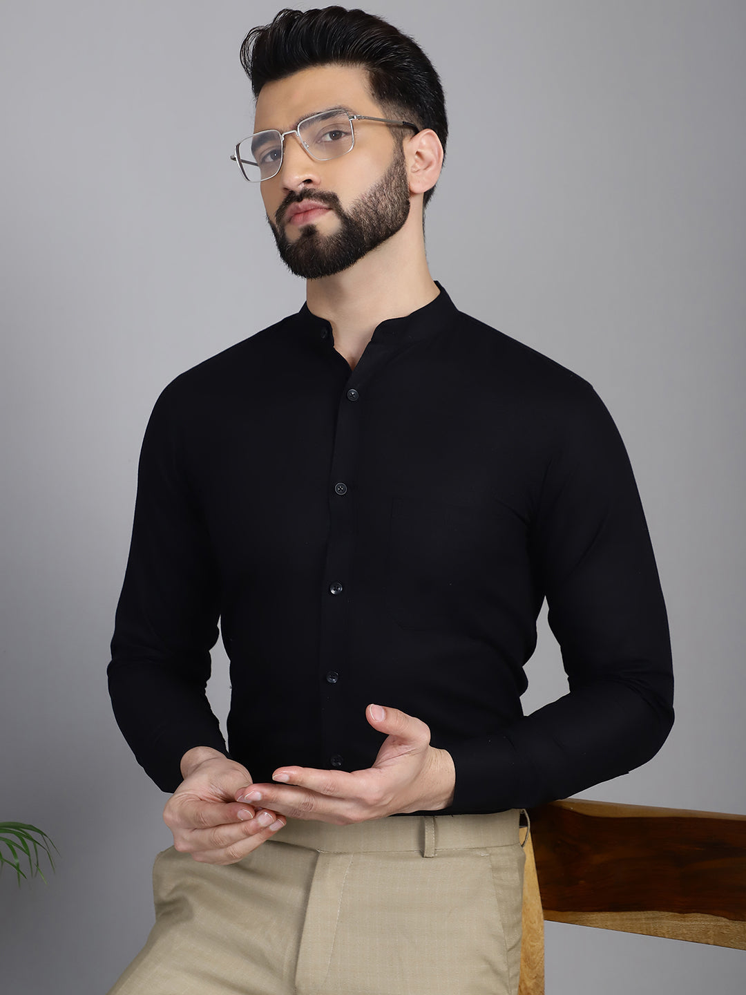 Indian Needle Men's Cotton Solid Formal Shirt - Black | Grocsy
