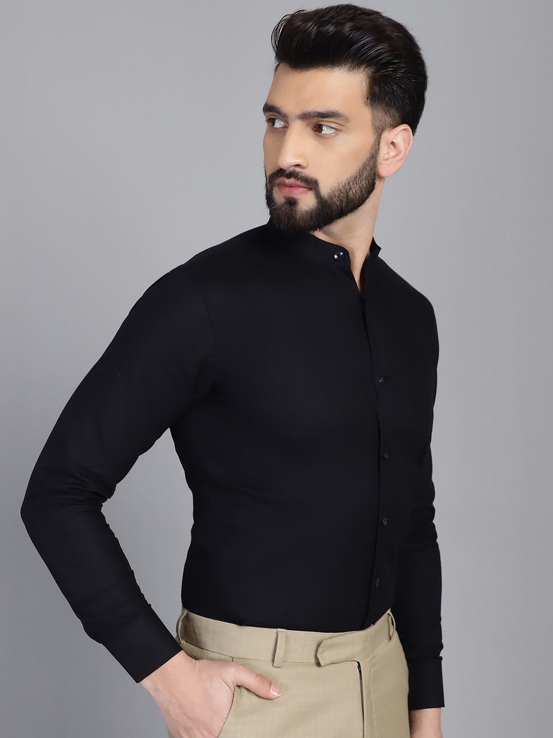 Indian Needle Men's Cotton Solid Formal Shirt - Black | Grocsy