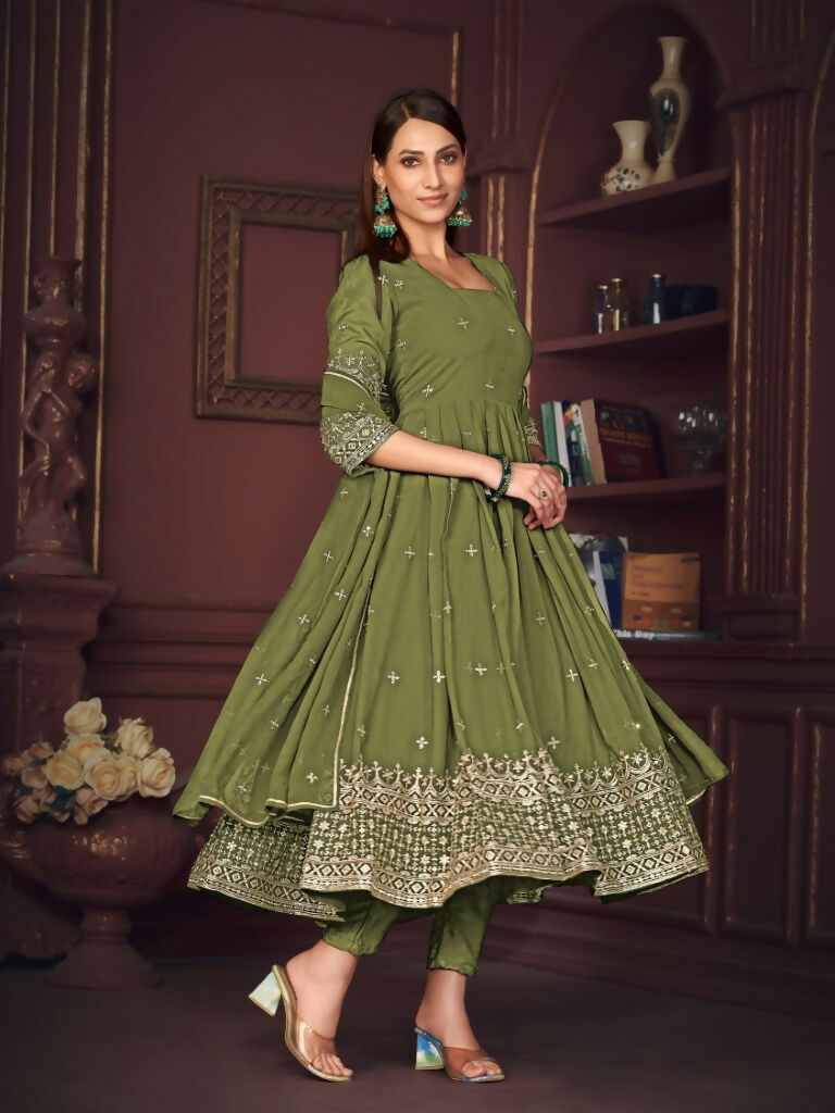 Jyoti Fashion Women's Olive Green Georgette Embroidered Anarkali Kurta Pant Set With Dupatta | Grocsy