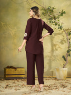 Teeya Creation Women Coffee Brown Embroidered Tunic & Pant Co-Ord Set | Grocsy