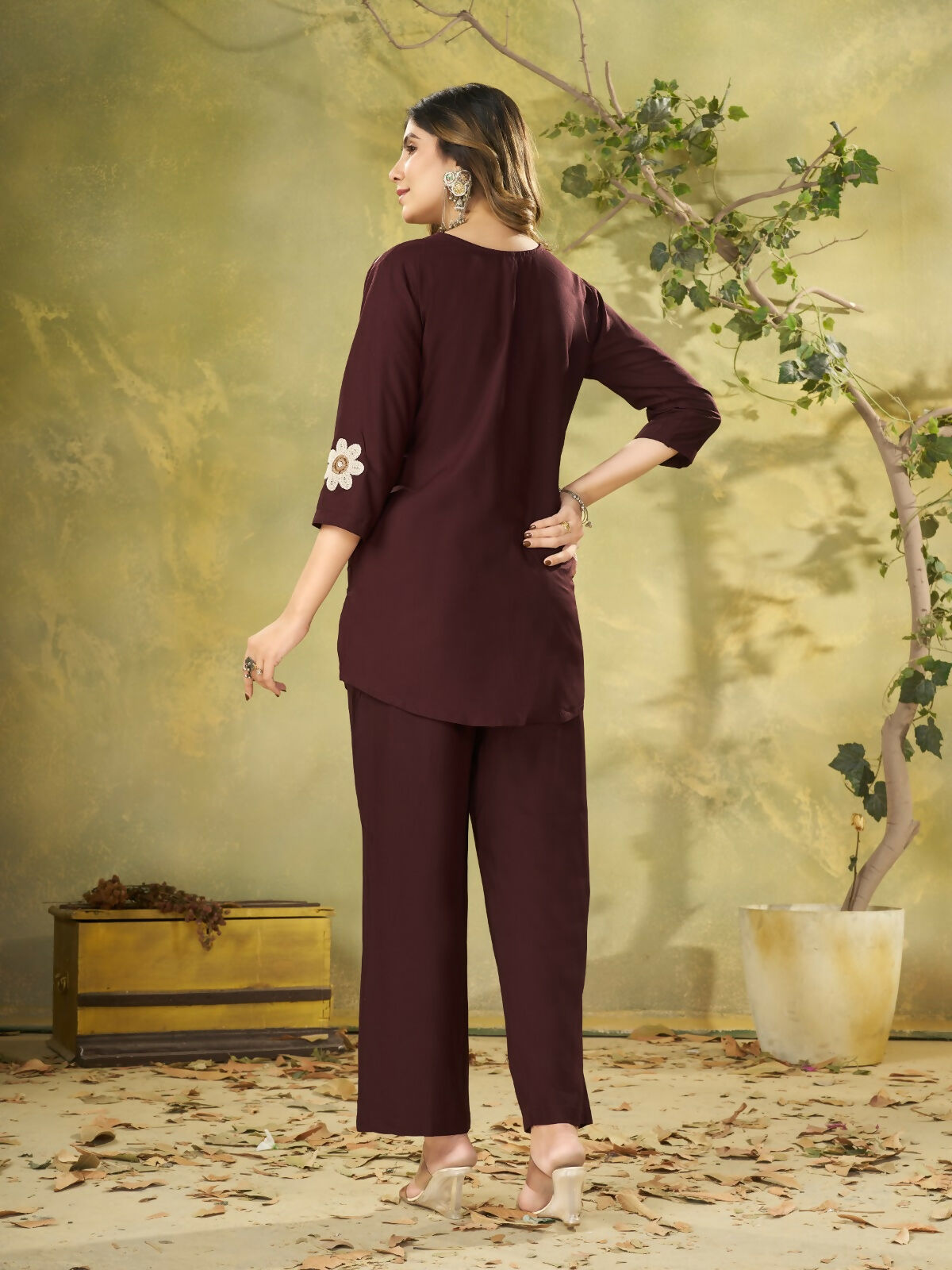 Teeya Creation Women Coffee Brown Embroidered Tunic & Pant Co-Ord Set | Grocsy