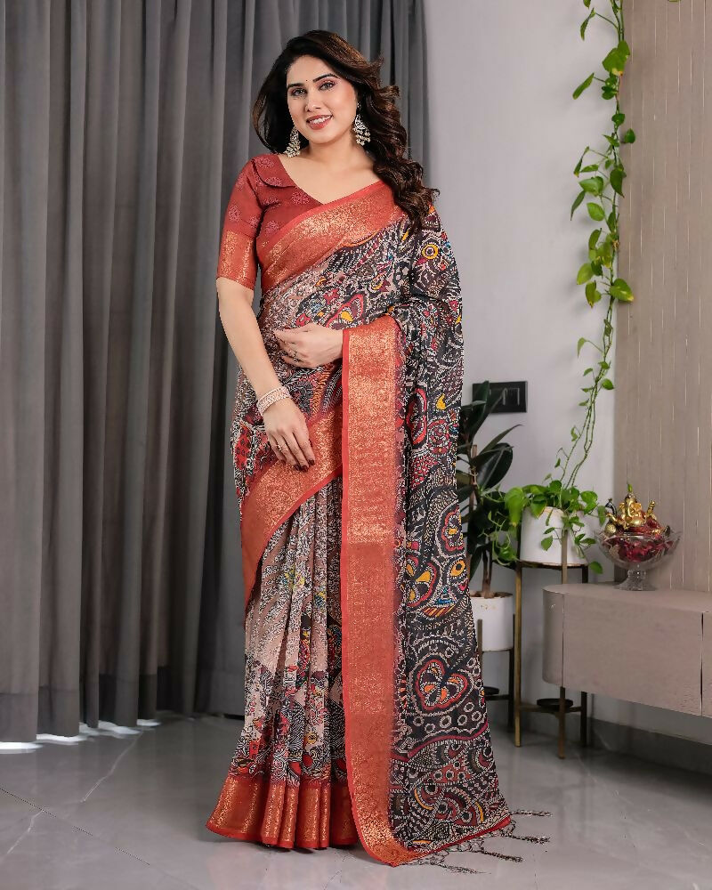 PR Fashion Black Pure Handloom Linen Saree | Grocsy