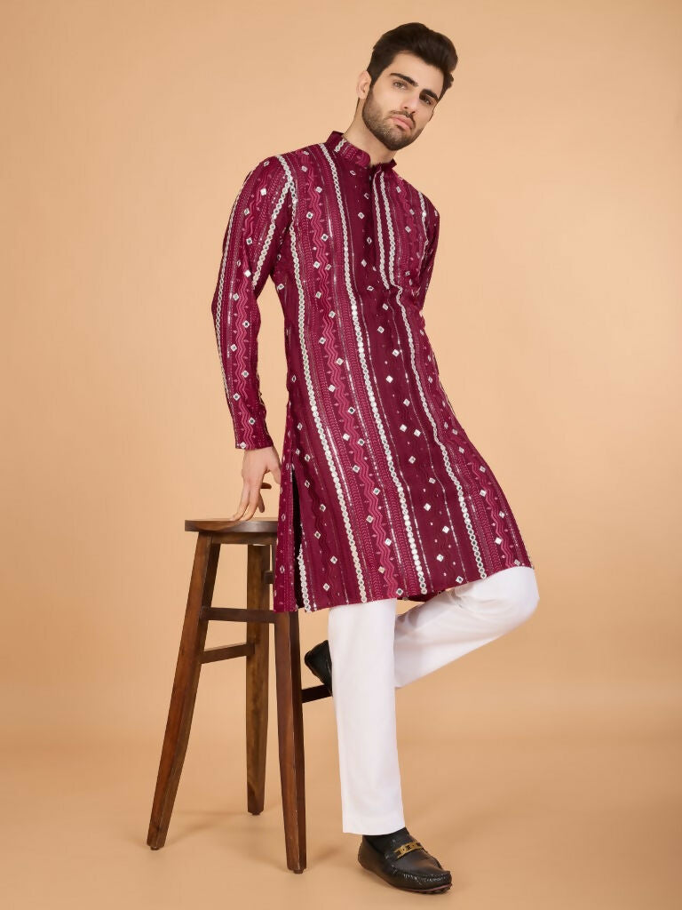 Vastranavya Maroon Exclusive Festival Wear Pure Viscose Rayon Sequence & Foil Mirror Heavy Embroidered Work Kurta | Grocsy