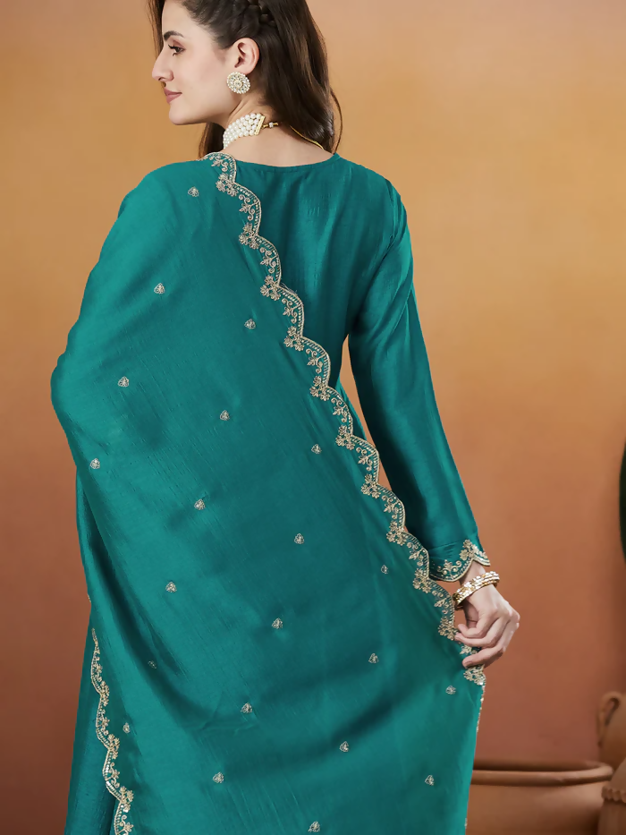 The52 Rama Women's Beautiful Vichitra Silk Fabric Embroidered Work Flared Anarkali Pant and Dupatta Set | Grocsy