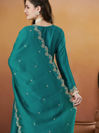 The52 Rama Women's Beautiful Vichitra Silk Fabric Embroidered Work Flared Anarkali Pant and Dupatta Set | Grocsy