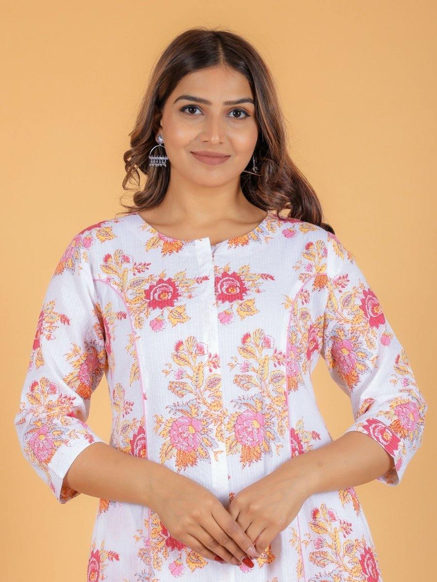 Aramya A-line Kantha Cotton Floral Print Women's Kurta - White | Grocsy