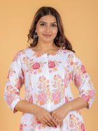 Aramya A-line Kantha Cotton Floral Print Women's Kurta - White | Grocsy