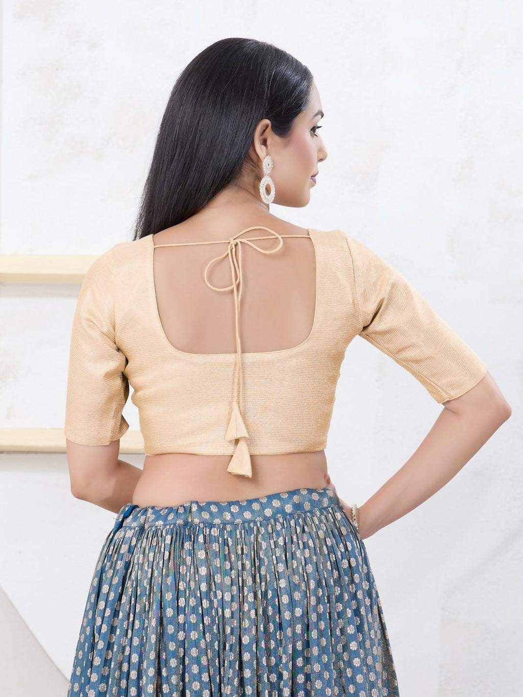 Joban Fashion Light-Gold Tissue Elbow Sleeveless Front Open Blouse | Grocsy