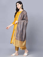 Myshka Women Mustard Yellow Ethnic Motifs Embroidered Panelled Kurti with Trousers With Dupatta | Grocsy
