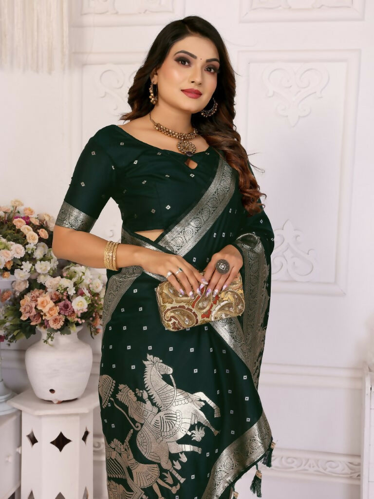 Anaita Dark Green kochi Silk With Bandhej Weaving Saree With Blouse | Grocsy