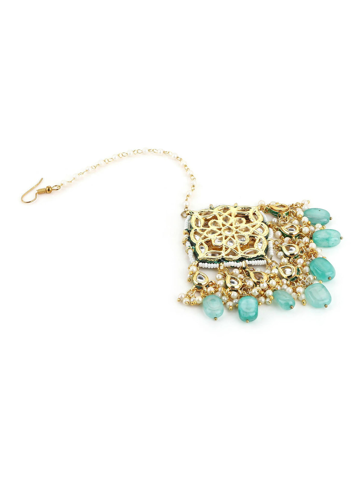 White Blue Gold-Polished Kundan-Studded Beaded Maang Tikka - Ruby Raang | Grocsy