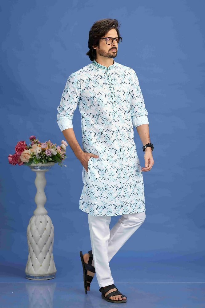 Raivat Ethnic Cotton Embroidery Kurta Pajama In Sky Blue Colour | Grocsy