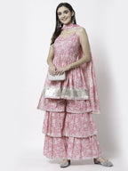 Myshka Women Pink Pure Cotton Printed Sleeveless Round Neck Kurta With Sharara & Dupatta Set | Grocsy
