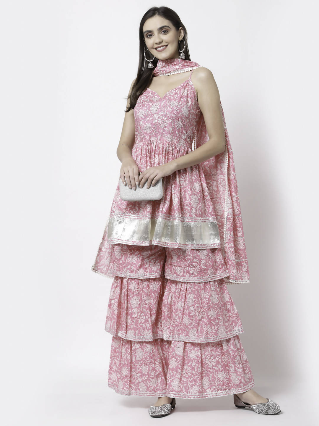 Myshka Women Pink Pure Cotton Printed Sleeveless Round Neck Kurta With Sharara & Dupatta Set | Grocsy