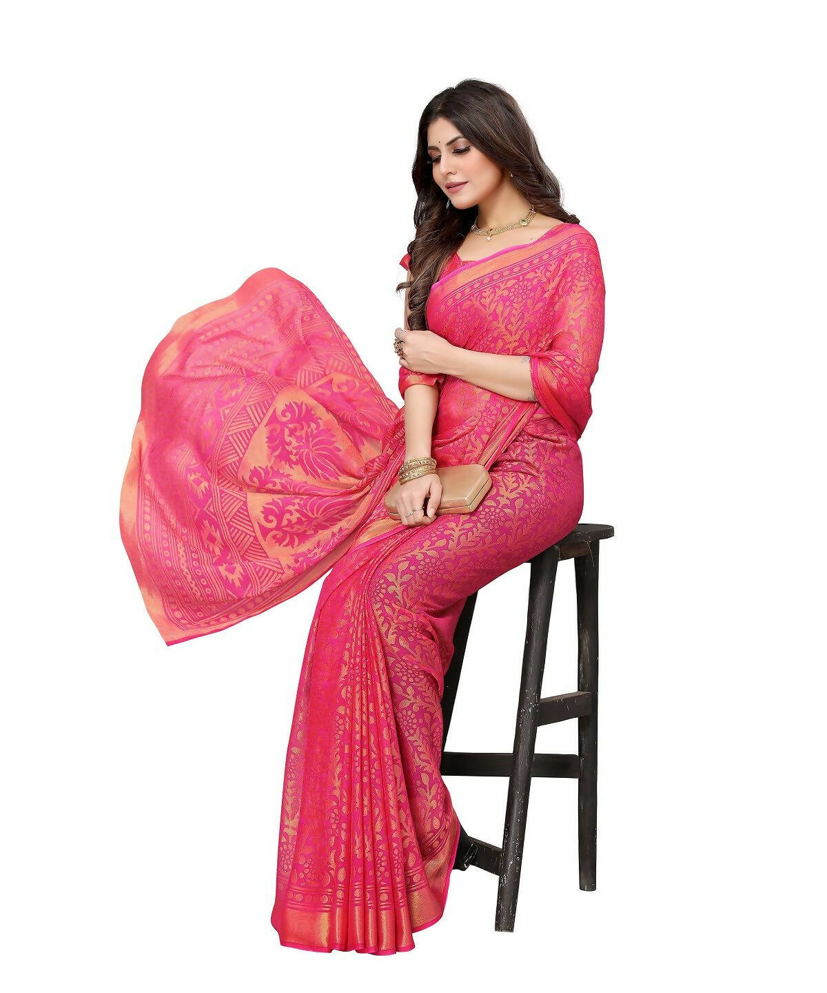 Vamika Pink Chiffon Brasso Bollywood Style Woven Saree (AARADHYA PINK) | Grocsy