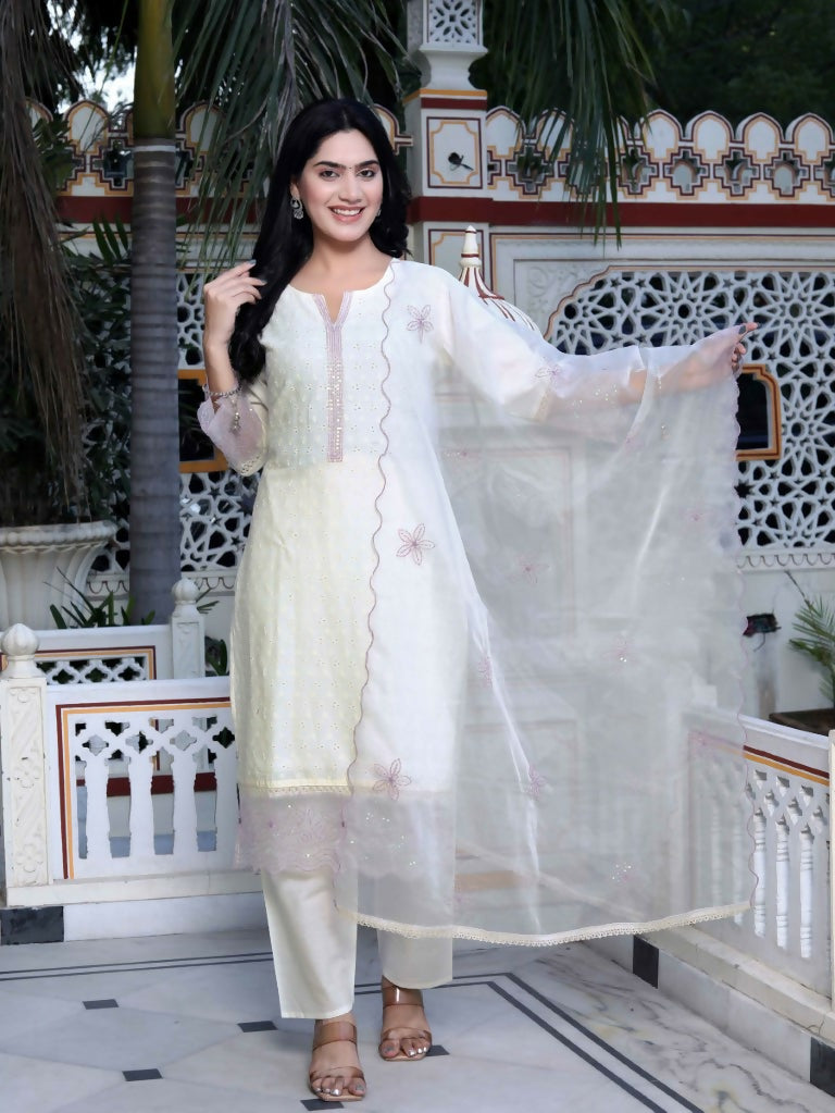 Miravan Women's Organza Cotton Chikankari Embroidered With Purple Sequence work Jaipuri Suit Set | Grocsy