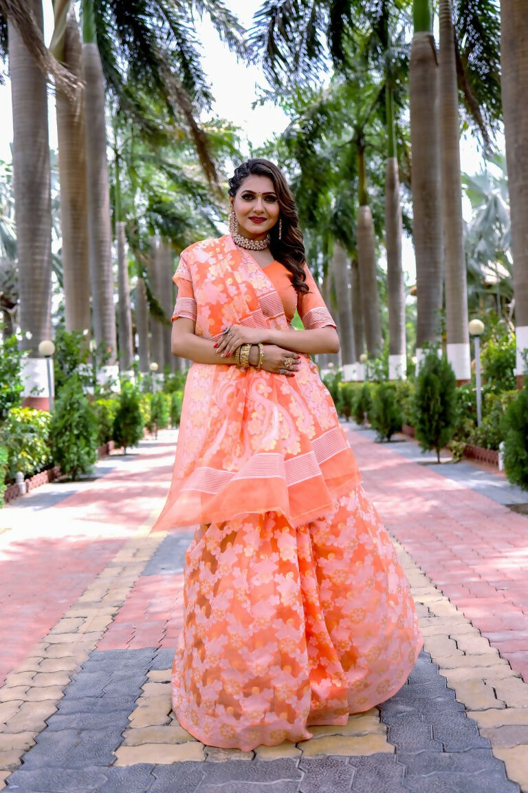 Partywear Designer Orange Jamdani contton Fancy Saree - Starwalk | Grocsy