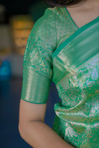 Prime Volt Bridal Kanchipuram Silk Saree with Rich Zari Weaving & Contrast Border-Green | Grocsy