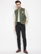 Even Apparels Green Wool Men Woven Nehru Jacket | Grocsy