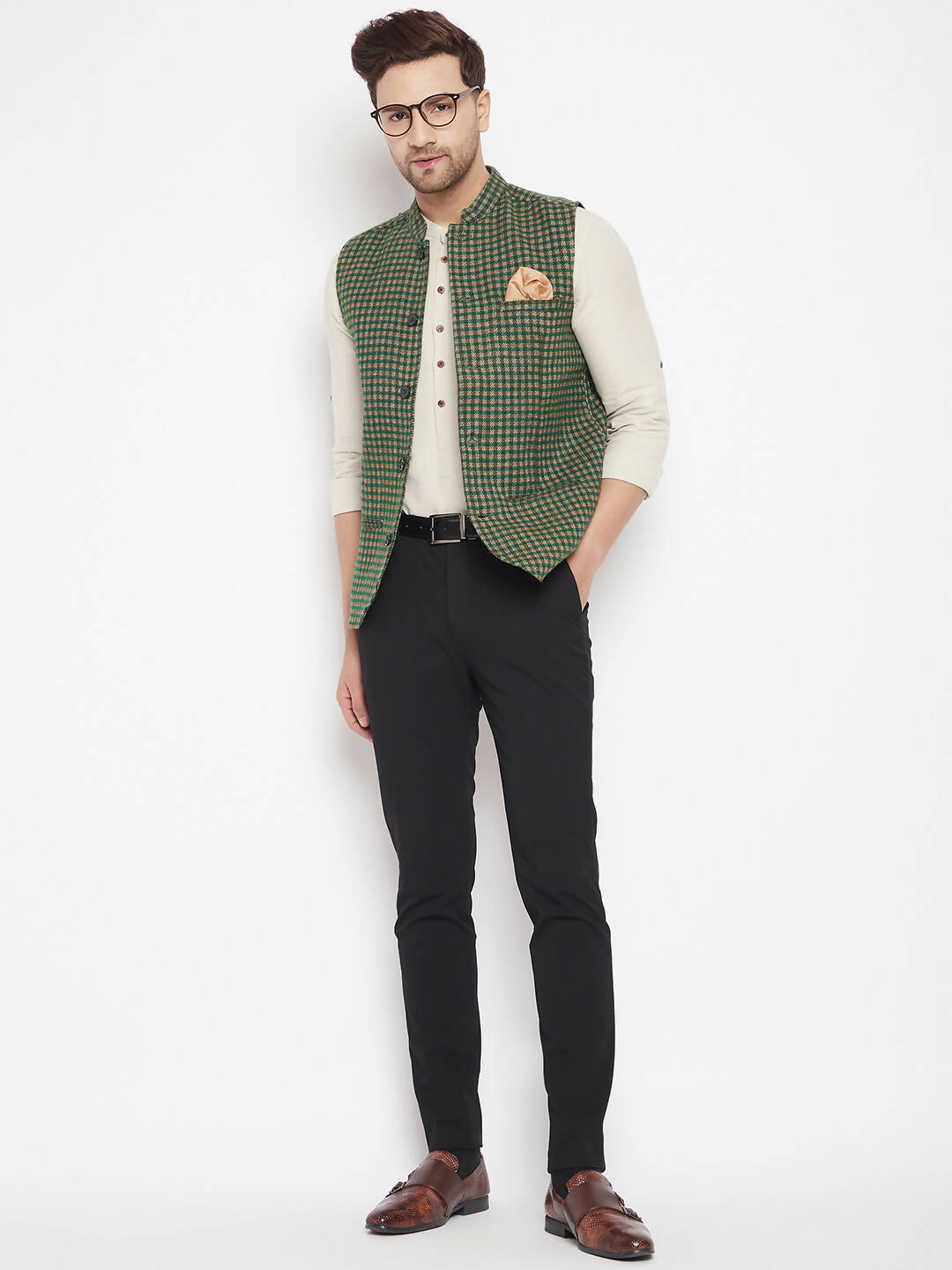 Even Apparels Green Wool Men Woven Nehru Jacket | Grocsy