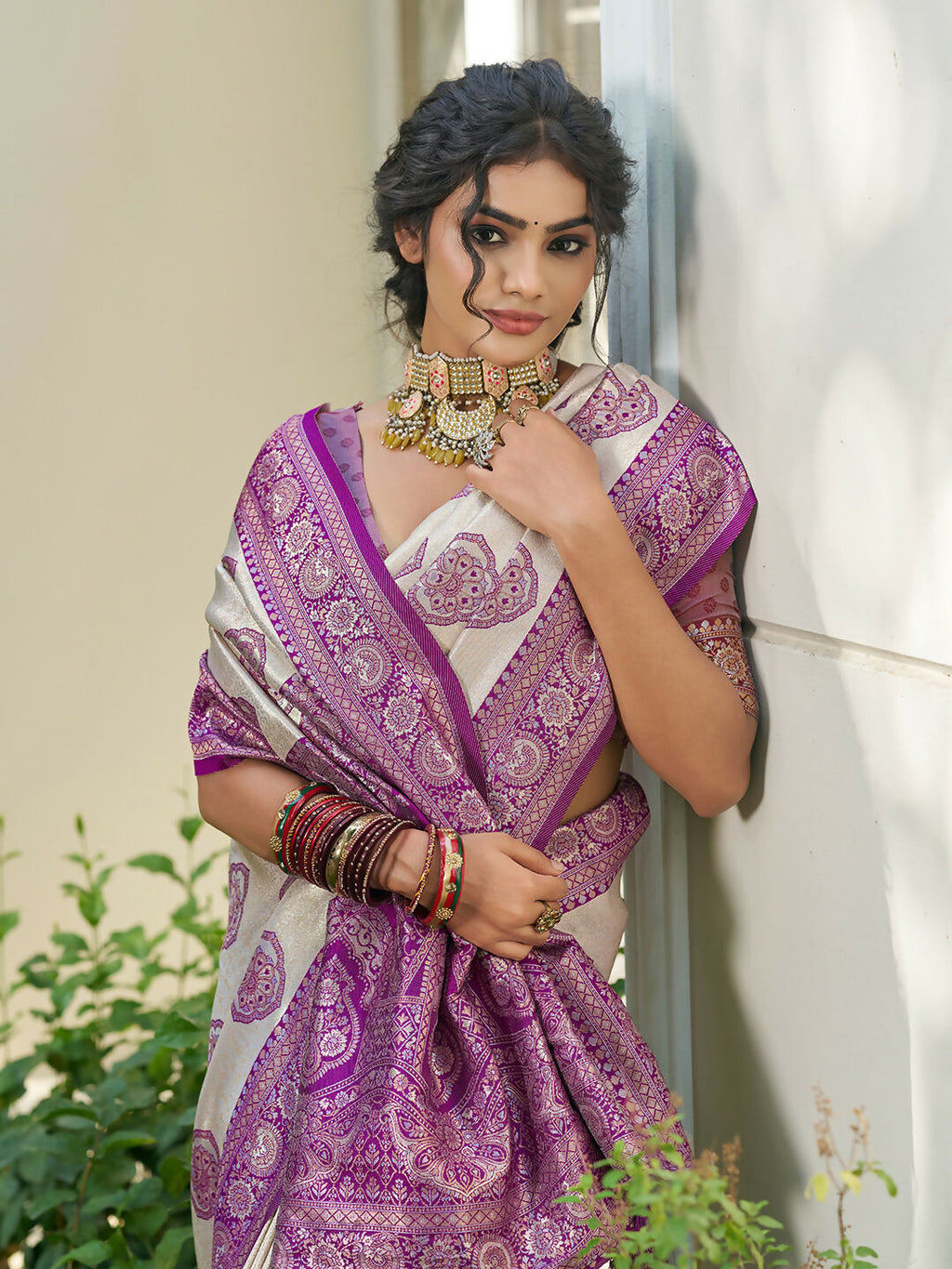 Shree Shyam Fashion Cream With Purple Silk Blend Saree | Grocsy