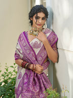 Shree Shyam Fashion Cream With Purple Silk Blend Saree | Grocsy