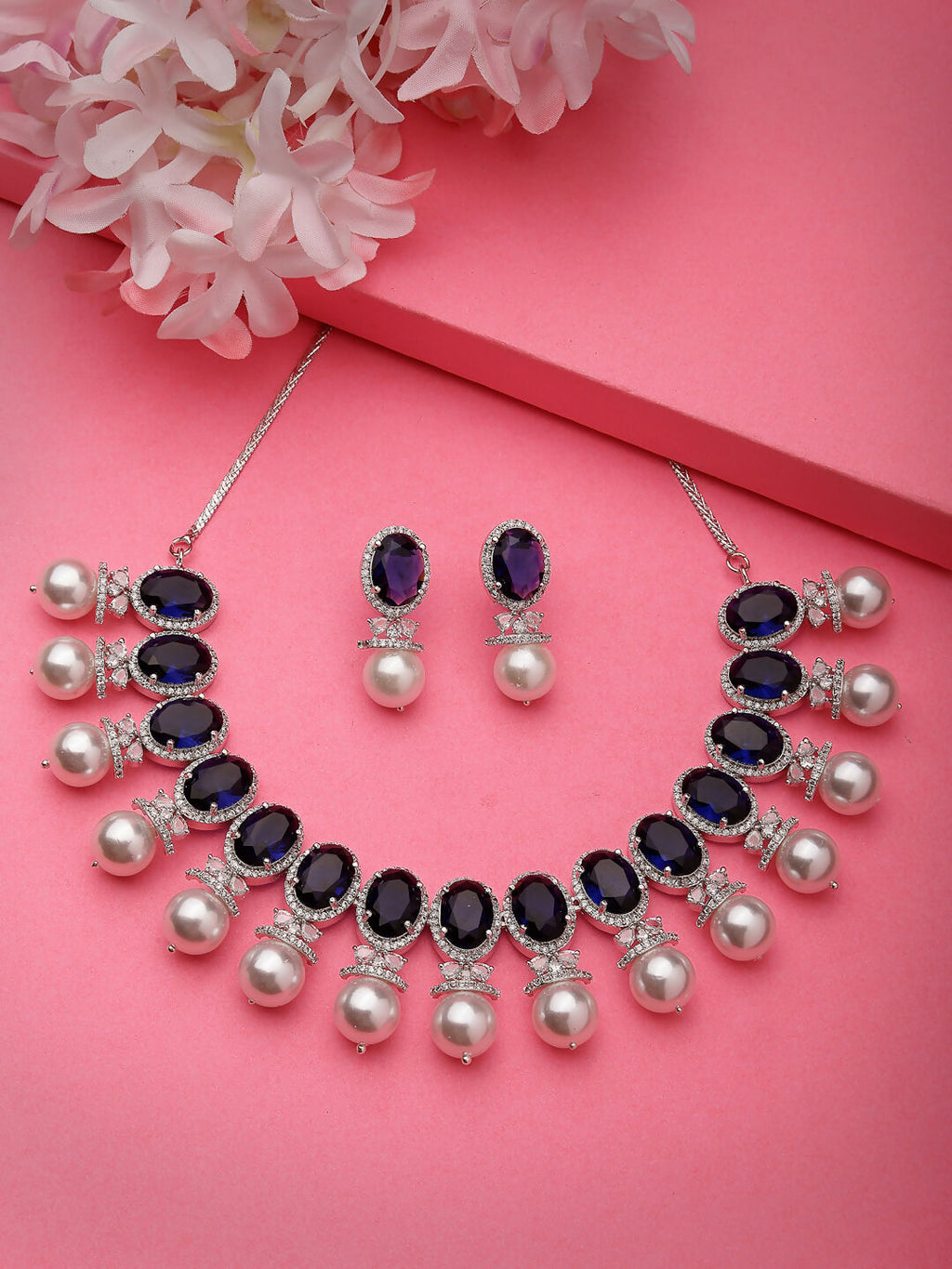 NVR Women's Silver-Plated Blue American Diamond Studded Handcrafted Jewellery Set | Grocsy