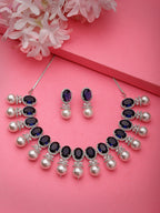 NVR Women's Silver-Plated Blue American Diamond Studded Handcrafted Jewellery Set | Grocsy