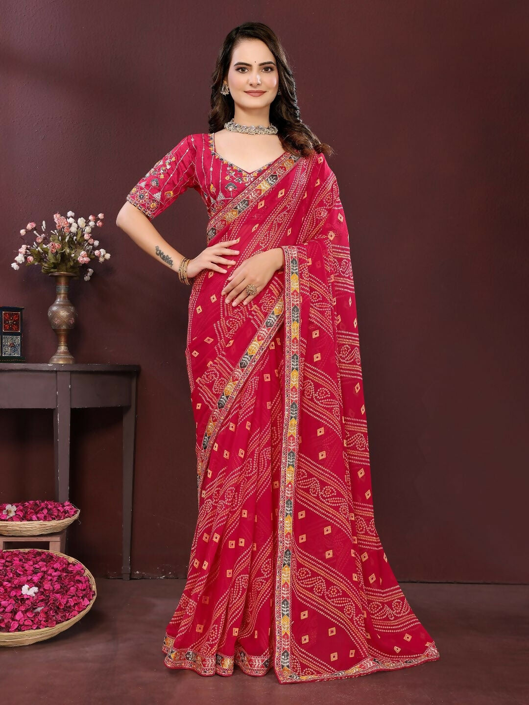Ai Fashion Magenta Georgette Digital Print Party Wear Saree | Grocsy