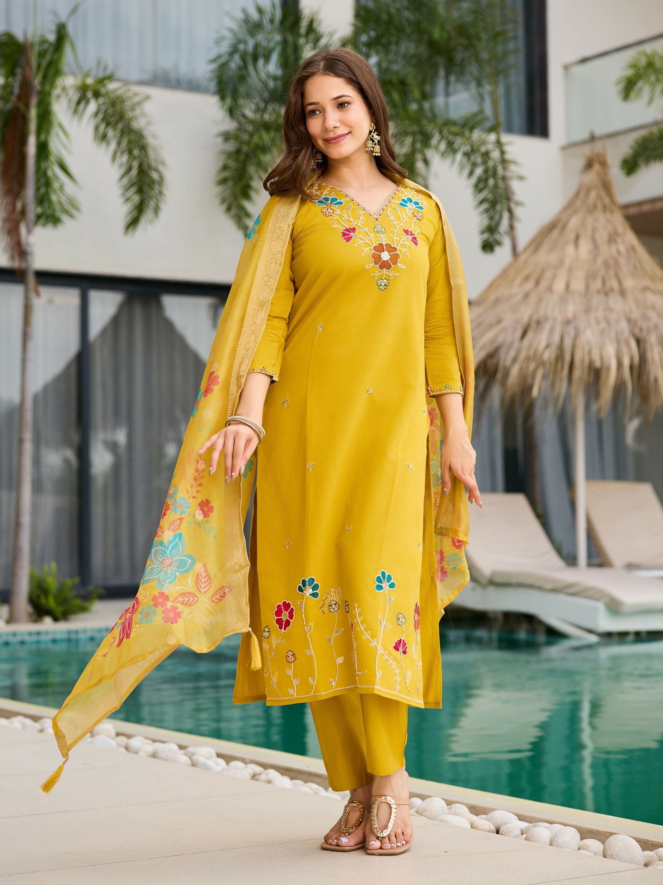 The52 Yellow Women's Gorgeous Embroidered work Viscose Gadhwal Fabric Straight Kurta, Pant and Dupatta Set | Grocsy