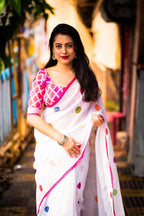 White Pure Linen Ethnic Motifs Saree with Unstitched Blouse - A2M | Grocsy