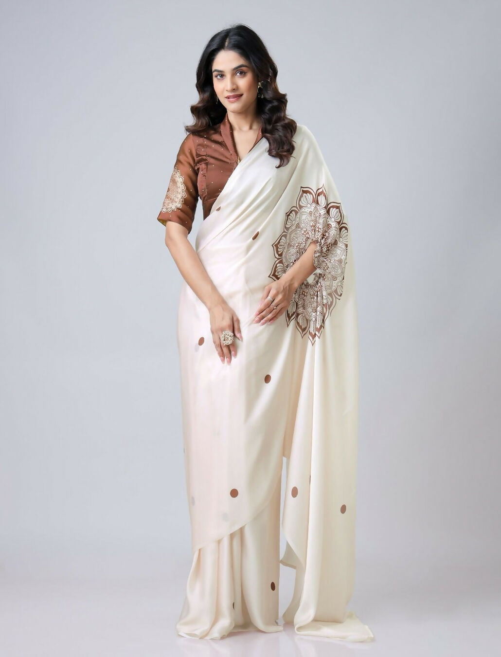 Vastranavya Ivory Mandala Print Free Hand Ready to Wear Saree | Grocsy