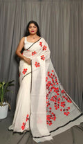 Exclusive Collection Beautiful White Red Pure Cotton Hand Print Handloom Saree With Running Blouse Piece | Grocsy