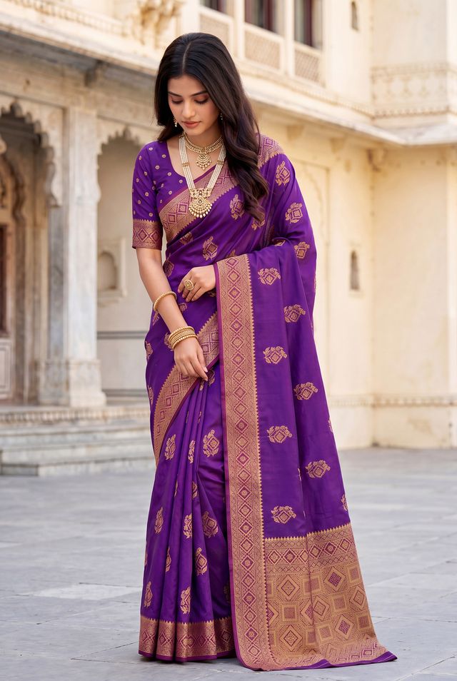 Elora Purple Soft Banarasi Silk Woven Designer Saree | Grocsy