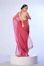 Rust Satin Gold Organza Solid Designer & Lace Work Saree - Samaa | Grocsy